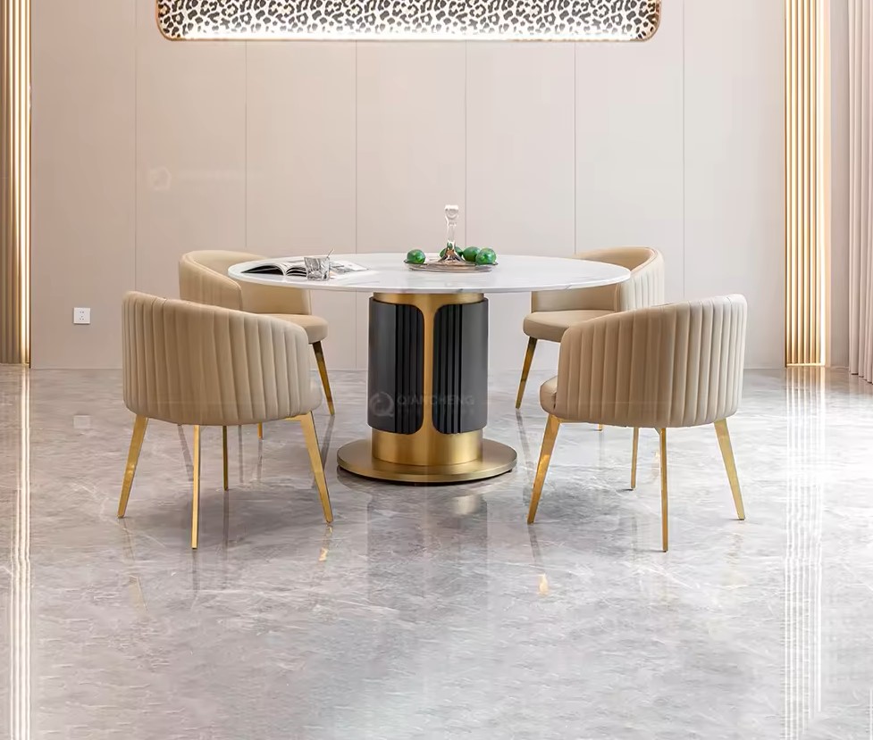 Round white marble gold dining table set - Image 2