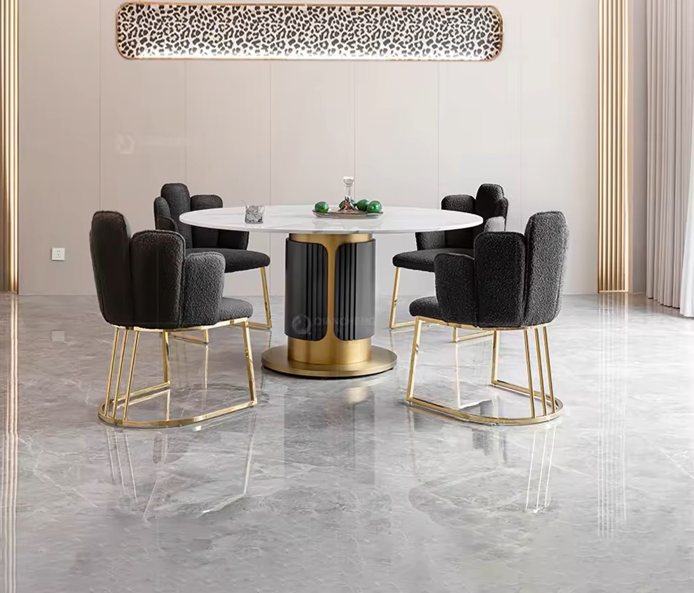 Round white marble gold dining table set