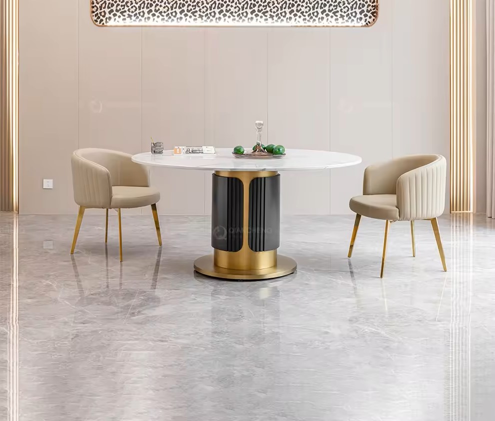 Round white marble gold dining table set - Image 3