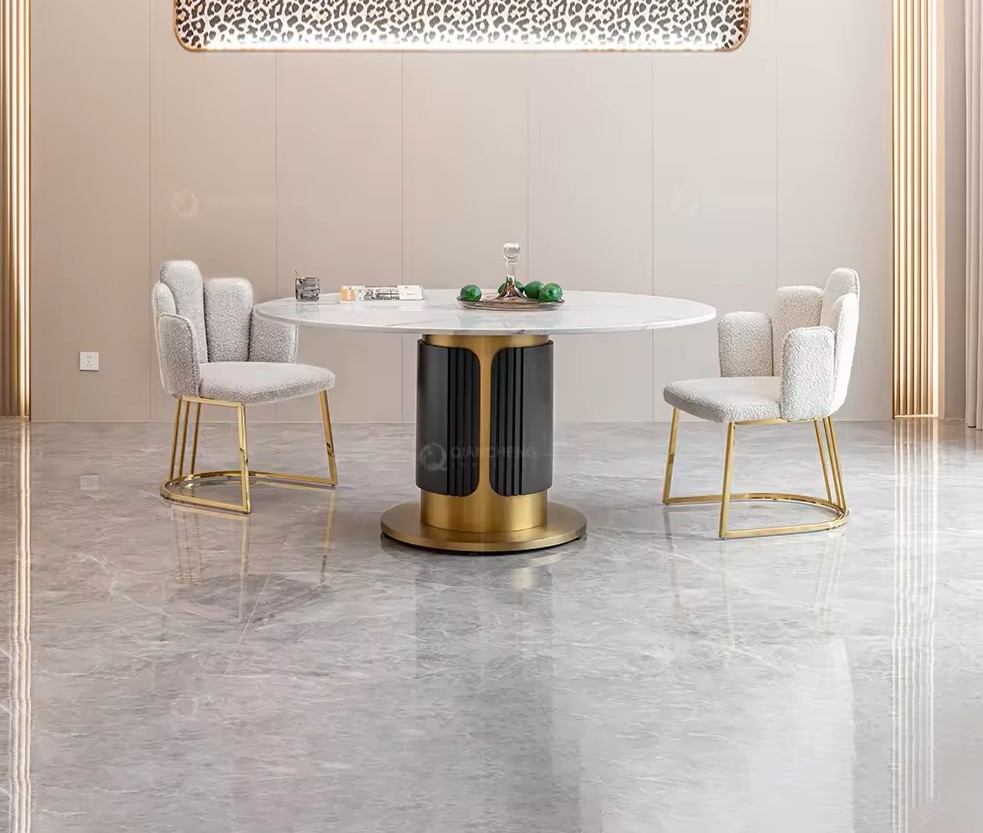 Round white marble gold dining table set - Image 5