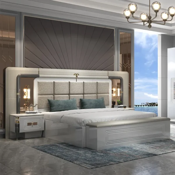 Luxury Home Wood Frame Double King Size Bed Room Suite Lighted Headboard Full Set Modern Wooden Furniture Bedroom Sets - Image 2