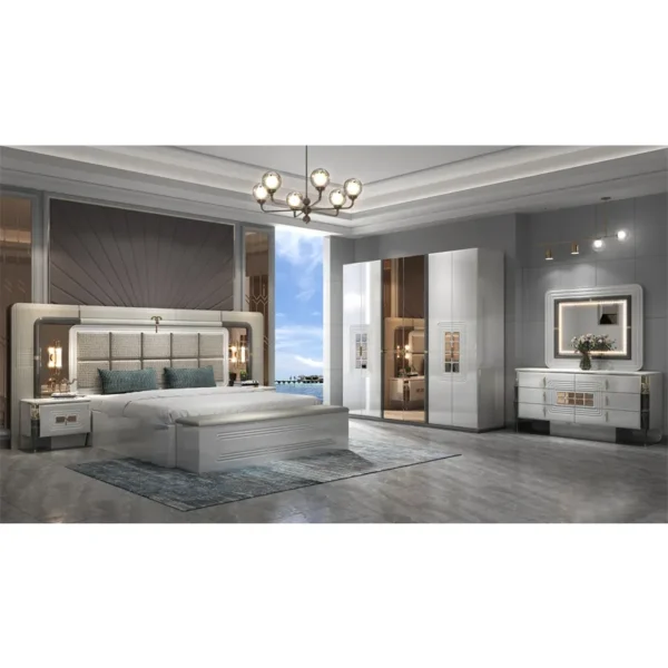 Luxury Home Wood Frame Double King Size Bed Room Suite Lighted Headboard Full Set Modern Wooden Furniture Bedroom Sets