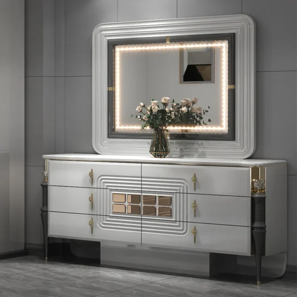 Luxury Home Wood Frame Double King Size Bed Room Suite Lighted Headboard Full Set Modern Wooden Furniture Bedroom Sets - Image 5
